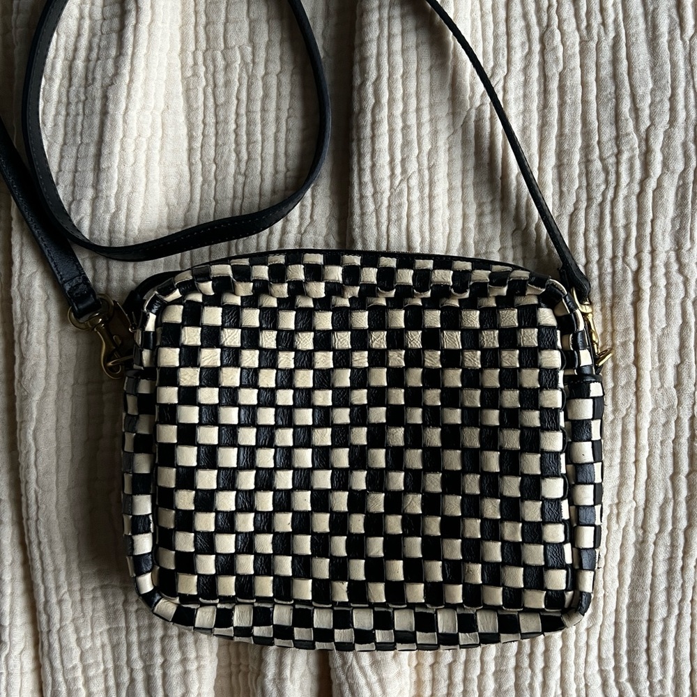 Clare V Midi Sac Woven Black And Cream Checker Crossbody Bag